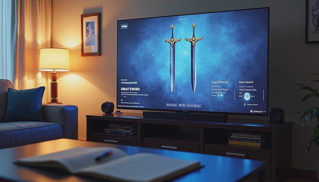 two rpg weapons compared side by side on a TV while a paper comparison chart sits on the coffee table
