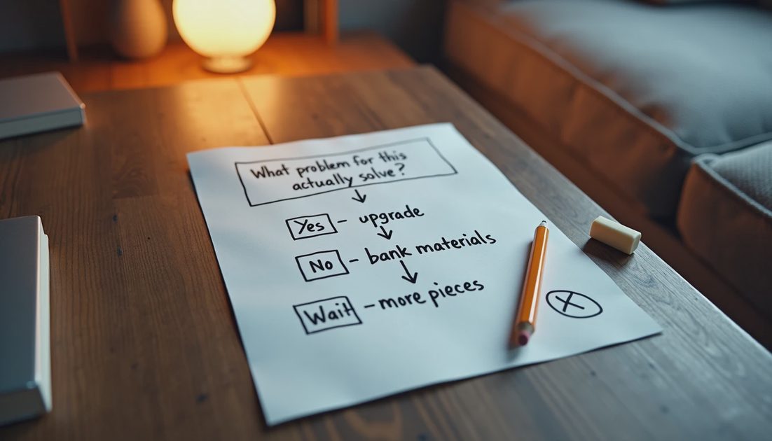handwritten upgrade decision flow chart on scrap paper asking what problem this actually solves