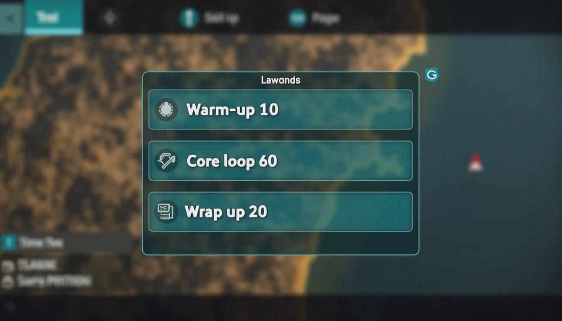 in-game three-block time budget reminder for a 90 minute session