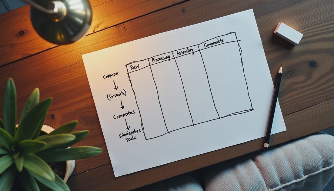 handwritten four stage production chain table on scrap paper showing raw processing assembly and consumable